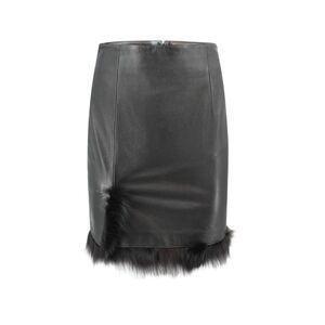 Vintage Jean Claude Jitrois Black Lamb Leather Pencil Skirt with Fox Fur Trim 40